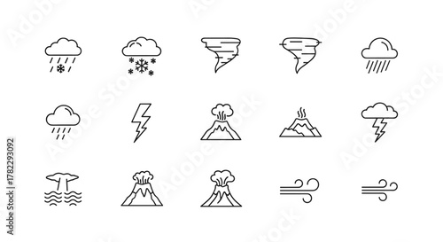 Minimalist icon set of weather and natural disasters including rain, snow, tornado, earthquake, flood, volcano, and wind in clean modern line design. Vector illustration of meteorological phenomena