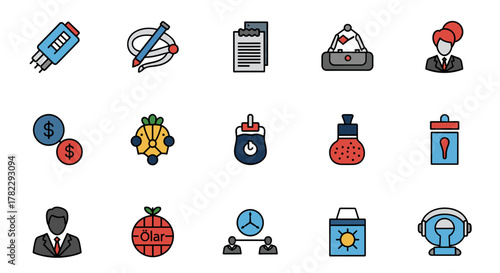 Modern Flat Icons Set for Car Diagnostics and Automotive Services, Featuring Diagnostic Scanner, Warning Light, Engine Icon, Battery Indicator, and Other Vehicle Maintenance Symbols for Digital and