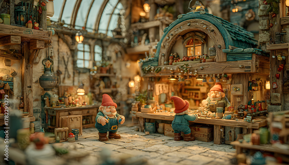 Obraz premium The Christmas toy factory is full of hustle and bustle as the elves race to finish making all the toys for Santa's sleigh. The air is full of excitement and anticipation, with a hint of magic in the a