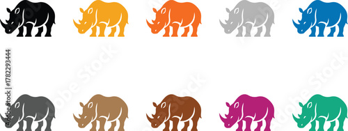Colorful rhinoceros silhouettes on white background, Multicolor rhino animal vector artwork