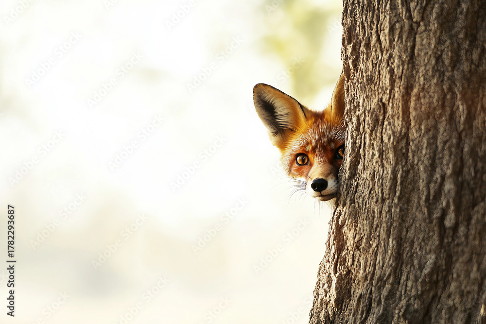 Fototapeta premium Generative AI image of curious wild red fox peeking from behind tree trunk in green summer forest with soft natural lighting