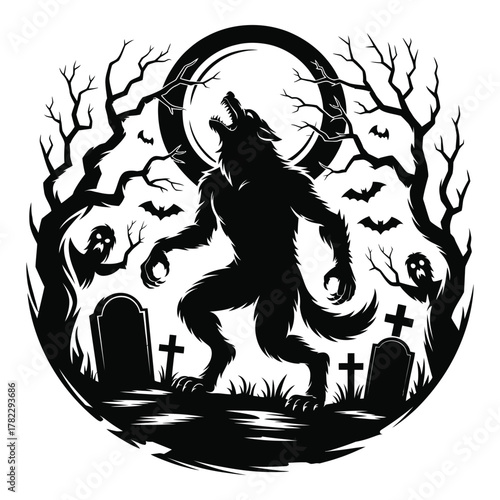 Werewolf howling at moon silhouette graveyard scene and spooky Halloween design