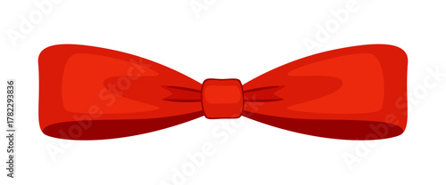 Vibrant red, perfectly tied symmetrical bow with dangling ribbons. A stylish flat vector illustration, isolated, ideal for festive decor, gift packaging, sticker, and promotional banners