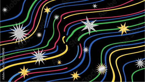 Vibrant Abstract Cosmic Night Sky with Glittering Stars and Flowing Colorful Light Trails