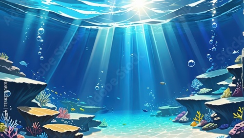 Underwater Scene with Coral Reefs and Sunlight Streaming Through Water at Ocean Depths