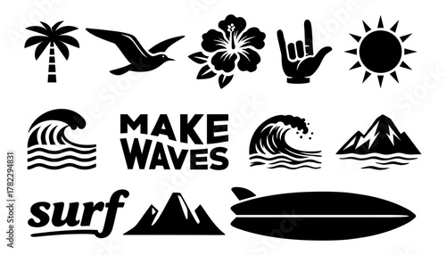 Summer Beach Vacation Icon Set in Minimalist White Silhouette Style