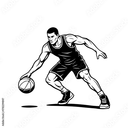 Dynamic Basketball Player Dribbling - Clean Bold Black and White Vector Illustration generative ai 