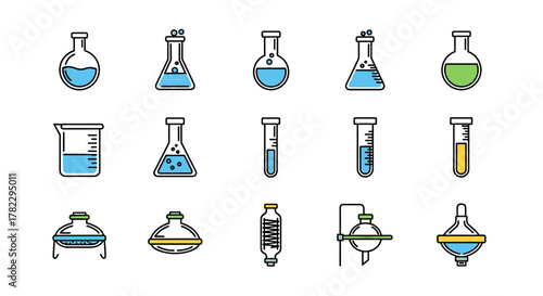 Vibrant Collection of Laboratory Glassware Icons: Featuring Beakers, Flasks, and Test Tubes with Colorful Liquids, Ideal for UI Design, Educational Materials, Scientific Publications, and Web