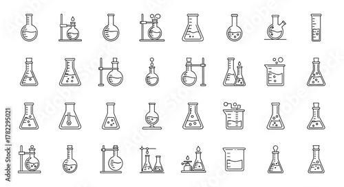 A comprehensive collection of thin line icons representing laboratory flasks, perfect for graphic and web design, app development, advertisements, and various card designs. This vector cartoon