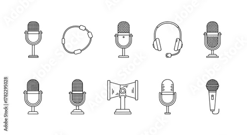 Collection of outline microphone icons, including vintage and modern designs, a megaphone, and headphones, presented on a clean white background, perfect for graphic design, web, apps, and