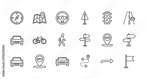Set of navigation and road-related editable stroke outline icons isolated on a white background, featuring a compass, map, steering wheel, warning sign, traffic light, hitchhiking symbol, cars