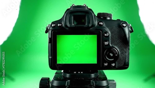 Green screen camera setup for professional video recording and chroma key compositing work flow studio