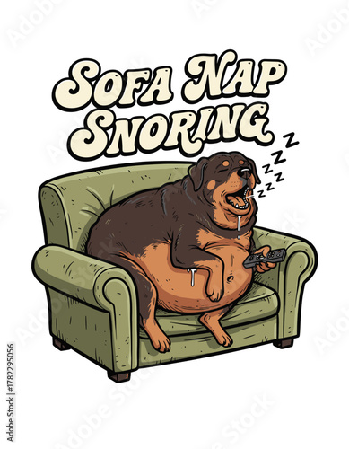 Sofa Nap Snoring. Chubby rottweiler snoring on comfy sofa, holding TV remote, cartoon vector artwork for t-shirt printing, posters, stickers, backgrounds and other design uses.