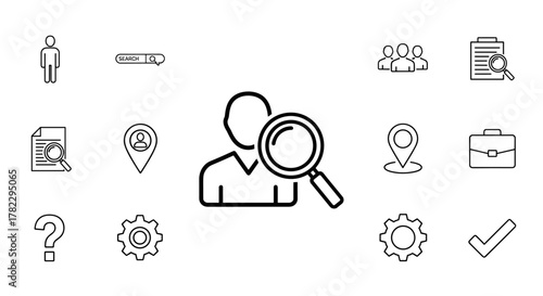 A collection of clean, modern line icons on a white background, featuring a person being searched with a magnifying glass, a search bar, a document with a magnifying glass, location pins, a