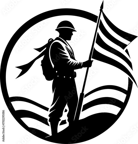   Silhouette of soldier with flag background, vector art, Vector line art icon, Black And White  white background
