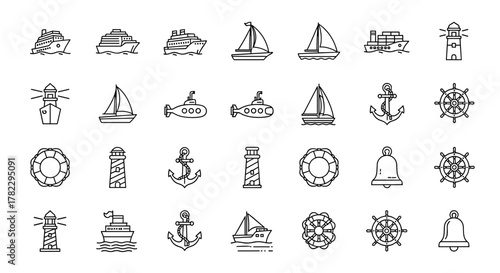 Nautical and Maritime Line Icon Pack: A Comprehensive Collection of Outline Symbols for Graphic and Web Design, Apps, Advertisements, and Various Cards, Featuring a Vector Cartoon Illustration with a