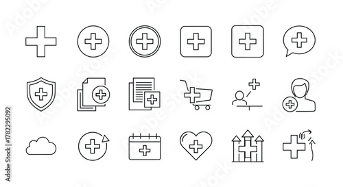 Set of Plus Sign Related Line Icons: Outline Signs for Graphic and Web Design, Apps, Adverts, Various Cards, Vector Cartoon Illustration with a White Background. This collection features diverse