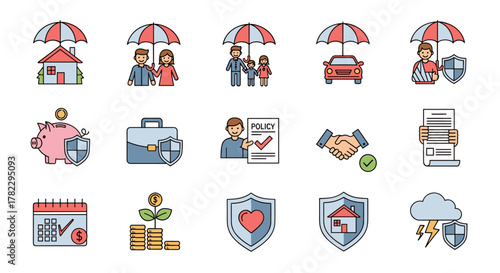 Set of insurance-related line icons, featuring people and families protected by umbrellas, a house under an umbrella, a car, a person with a broken arm, a piggy bank with a shield, a briefcase, a