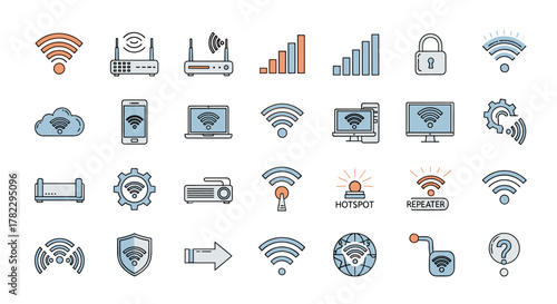 Vibrant set of WiFi and router-related line icons, featuring outline signs for graphic and web design, apps, adverts, and various cards. This vector cartoon illustration includes symbols for signal