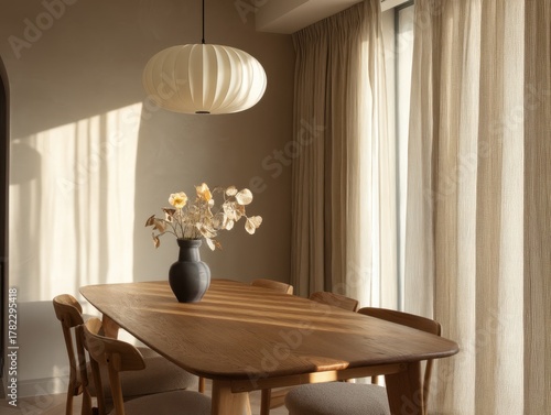 A table with a vase of flowers on it. The table is surrounded by chairs. The vase is black and the flowers are white