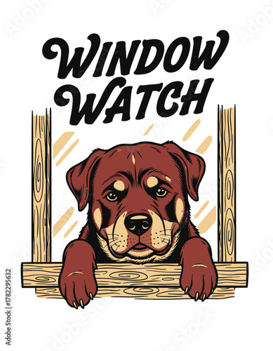 Window Watch. Patient rottweiler dog leaning on wooden windowsill vector t-shirt print design. Cute dog lover illustration for t shirt print, poster, sticker, background and other uses.