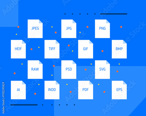 Illustration of various digital file formats including JPEG, PNG, GIF, PDF, and SVG on a blue background representing image and document types in graphic design and media.