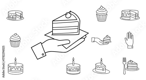 Collection of thin line icons representing various cakes and desserts, including whole cakes, slices, cupcakes, and a hand presenting a slice, suitable for web, books, cards, and apps, presented on a