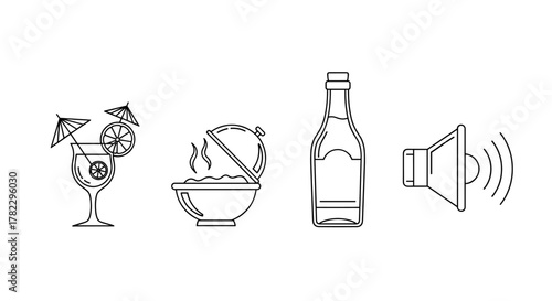 A minimalist collection of four thin-line icons: a tropical cocktail with umbrellas and a lemon slice, a steaming bowl covered with a cloche, a bottle with a blank label, and a speaker emitting sound