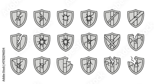 Collection of broken shield line icons, representing damaged security, protection failure, and vulnerability. These outline signs are perfect for graphic and web design, apps, adverts, and various