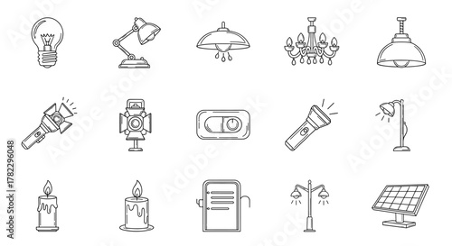 Bundle of illumination-related line icons, including a light bulb, desk lamp, pendant lamp, chandelier, spotlight, flashlight, switch, candle, street lamp, and solar panel, perfect for graphic and