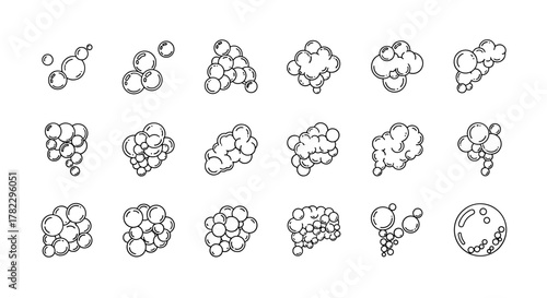 Collection of linear illustrations of bubbles and foam, presented as a set of vector cartoon graphics on a white background, featuring various arrangements and densities of spherical shapes, perfect