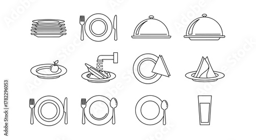 Clean Plates Outline Linear Symbol for Graphic and Web Design, Apps, Advertisements, Various Cards, Vector Cartoon Illustration with a White Background, Order, Food, Dishware, Utensils, and