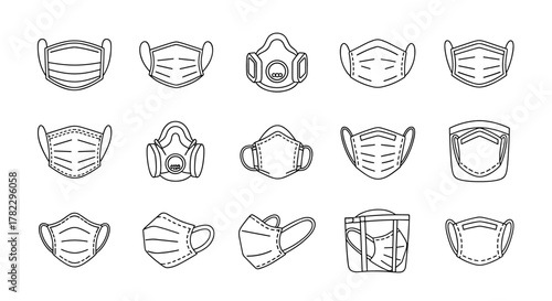 Collection of Medical Face Mask Icons, Drawn with Thin Line for Apps, Websites, Banners, Infographics, and Other Types of Design. Vector Cartoon Illustration of Various Protective Masks, Including