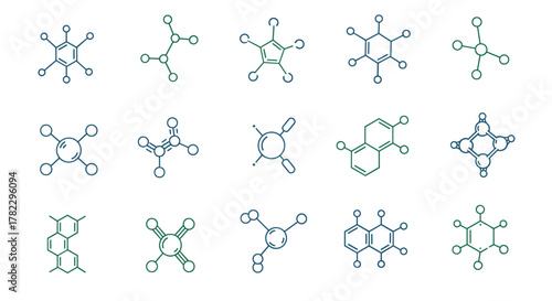 Collection of modern molecule outline icons, a set of stylized scientific illustrations for mobile apps, websites, flyers, and banners, isolated on a clean white background, representing chemical