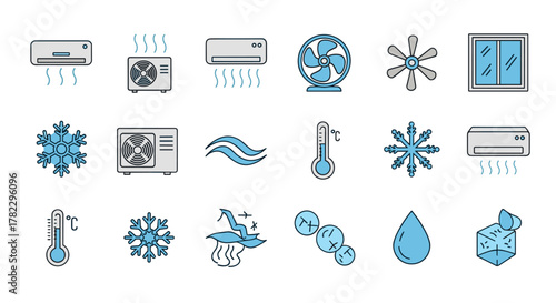 Collection of cooling and air conditioner line icons, featuring outline signs for graphic and web design, apps, adverts, and various cards. This vector cartoon illustration includes elements like AC