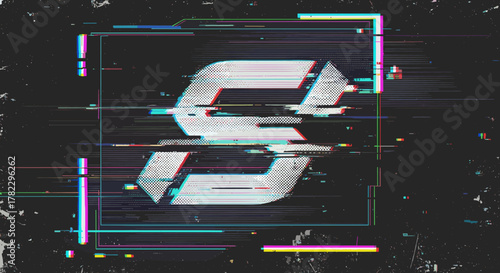 Glitch distorted geometric shape with noise and destroyed logo effect, presented as a trendy cyberpunk poster with a glitched frame, grunge texture, and distressed effect, a modern vector graphic for