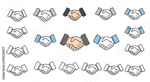 Collection of simple handshake icons in various styles and colors, including black and white, gray, blue, and skin tones, perfect for infographics, articles, books, flyers, and banners, representing