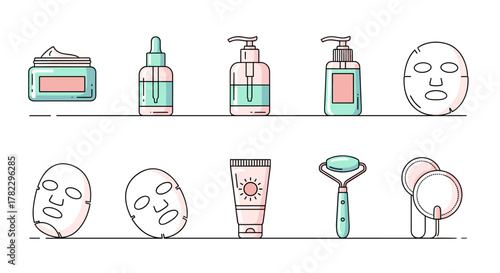 Set of isolated skincare icons on a white background, featuring a cream jar, serum bottle, pump dispensers, sheet masks, a sunscreen tube, a facial roller, and cotton pads, presented in a clean
