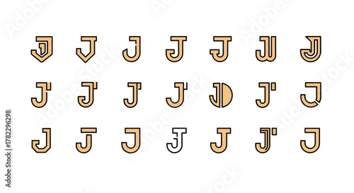 Collection of diverse and creative 'J' letter monograms and logo designs, presented as a vector cartoon illustration on a clean white background, featuring an ordered set of line icons for versatile