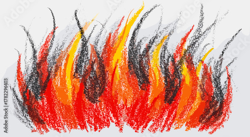 Vivid and energetic abstract depiction of flames rendered in crayon texture on a white background, showcasing a dynamic interplay of red, orange, and yellow hues with dark charcoal accents, evoking a