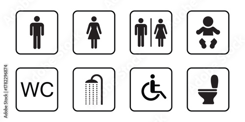 Washroom signs. Restroom or toilet door sign set containing gents, ladies, disabled, baby changing. Printable sticker. vector illustration.