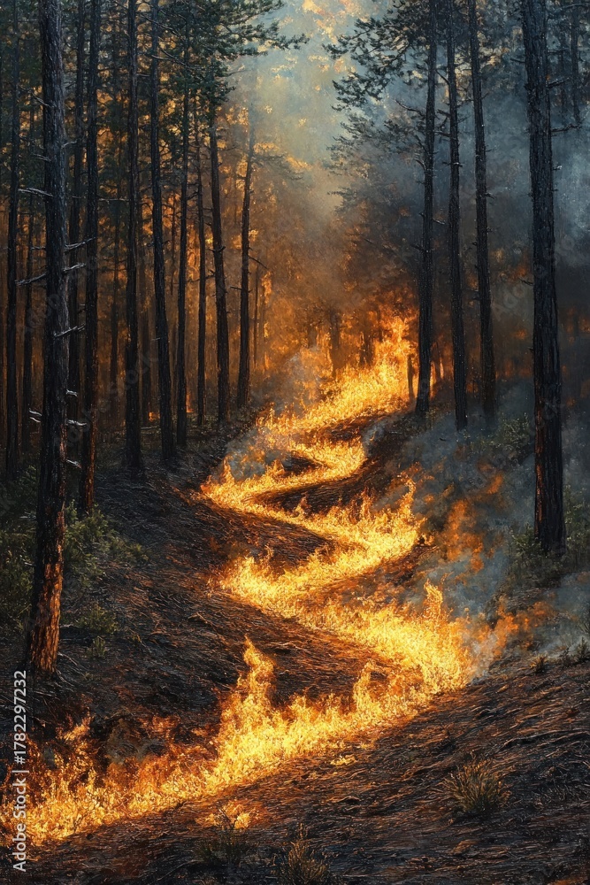 Fototapeta premium A winding line of fire burning through a dense forest with tall trees, emitting smoke and creating an intense, dramatic atmosphere