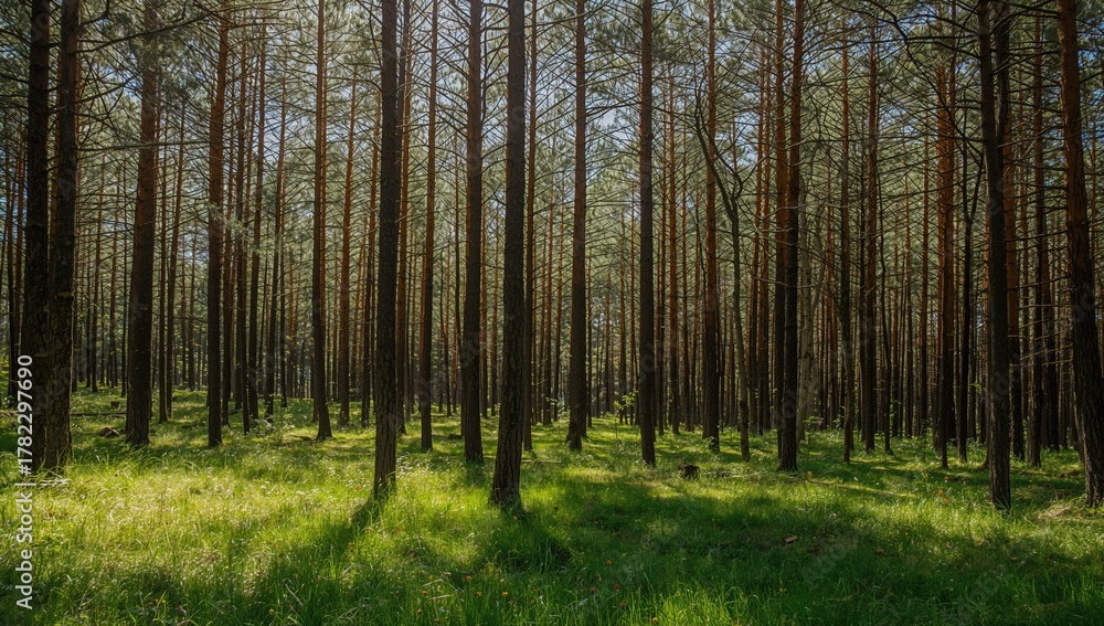 Fototapeta premium Forest hike through towering trees and lush greenery with sunlight filtering through