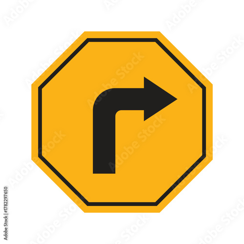 Traffic warning vector icon showing yellow-orange right turn ahead sign in minimalist road symbol design