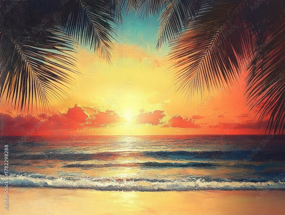 Obraz premium Vibrant tropical beach sunset with glowing sun setting over calm ocean waves framed by palm tree leaves