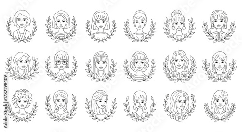 Diverse collection of stylized female portraits in line art, each framed by delicate laurel wreaths, showcasing a variety of hairstyles, facial features, and expressions, perfect for representing