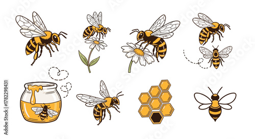 Charming vintage hand-drawn bee illustrations and honey elements, featuring a variety of bees in flight, collecting nectar from flowers, a jar of golden honey with a bee inside, and a honeycomb
