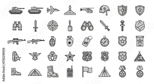 A comprehensive collection of army-related line icons, featuring military and defense outline signs perfect for graphic and web design, app development, advertisements, and various card designs