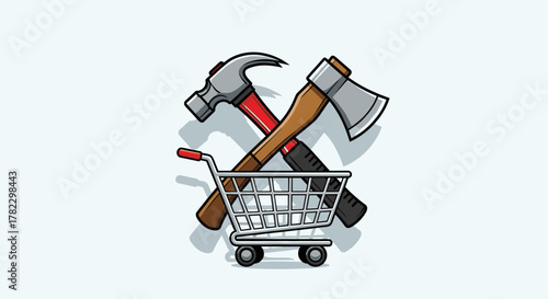 A stylized vector illustration depicts a classic metal shopping cart with a red handle, positioned beneath a crossed hammer and axe, symbolizing construction, DIY projects, or the purchase of tools
