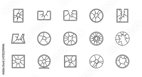 Set of 15 outline icons representing broken glass in various shapes and forms, including squares, rectangles, and circles, perfect for graphic and web design, apps, adverts, and various cards. This
